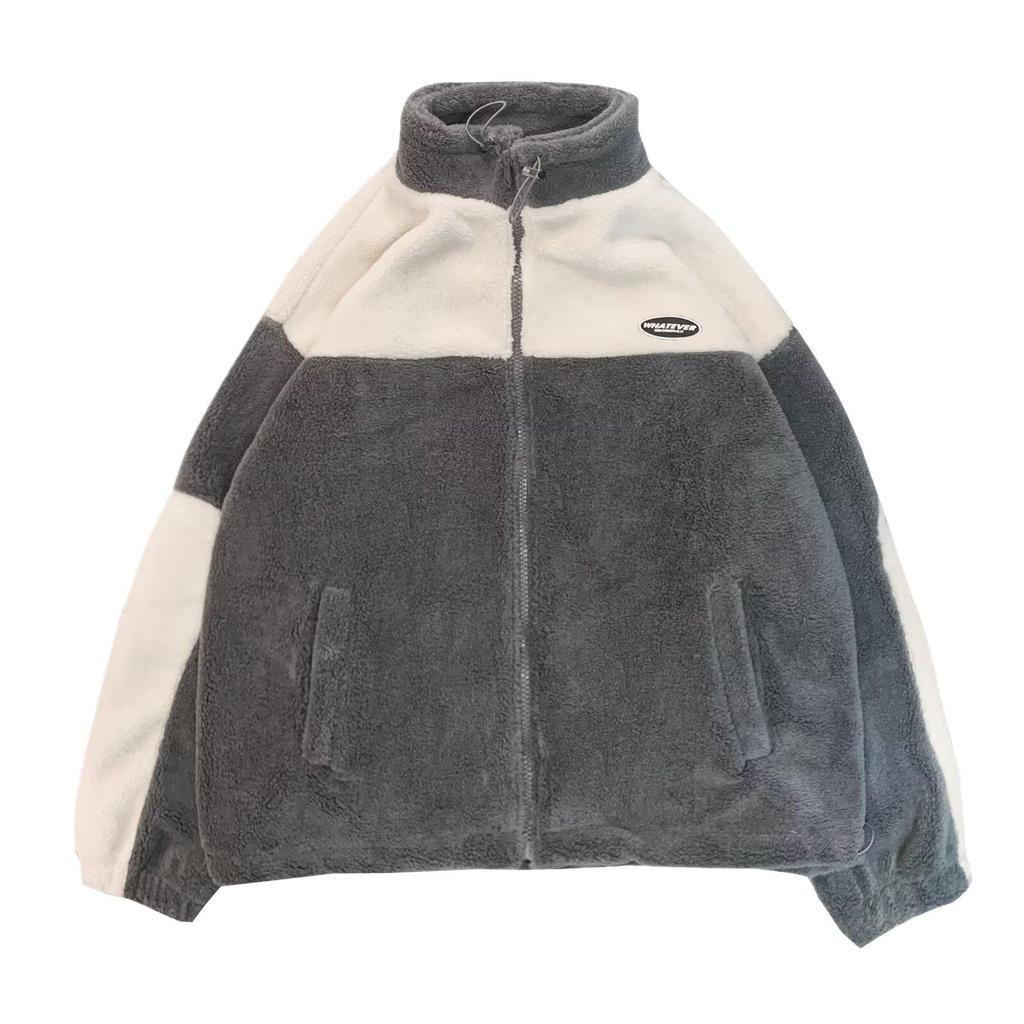 Men's Trendy Colorblock Fleece Jacket - Winter Lambswool with Stand Collar, Thick Cotton-Padded, Loose Fit, Plus Size.