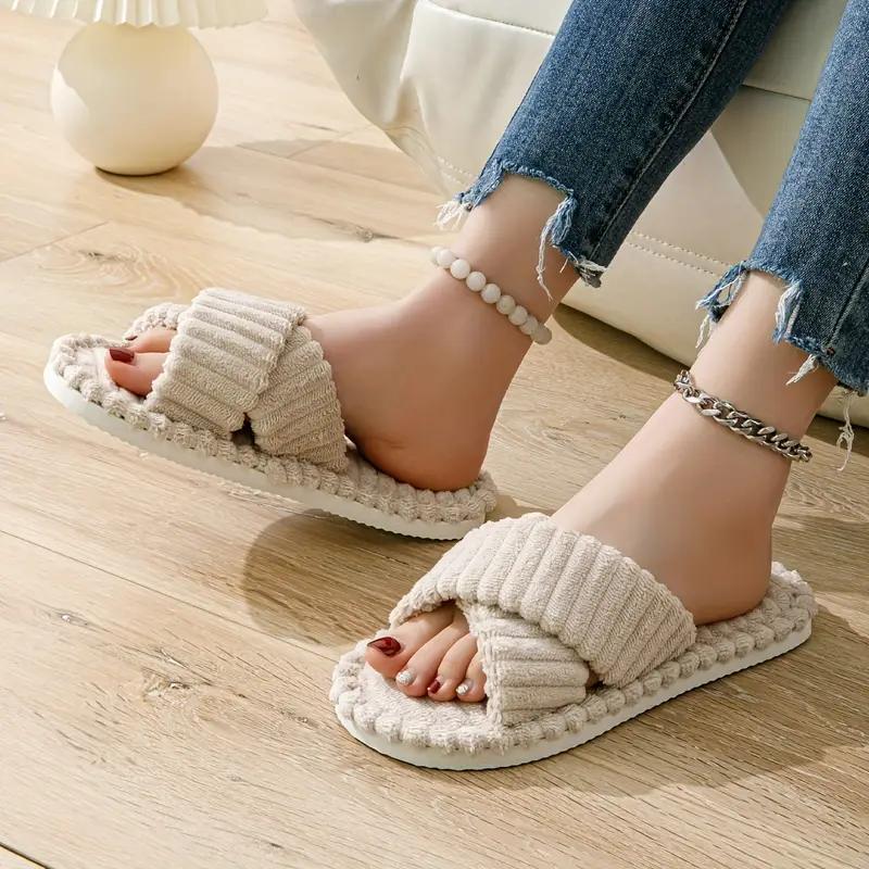Open Toe Plush Slippers Female, Indoor Thick Soled Warm Plush Shoes, Cotton Slippers Female