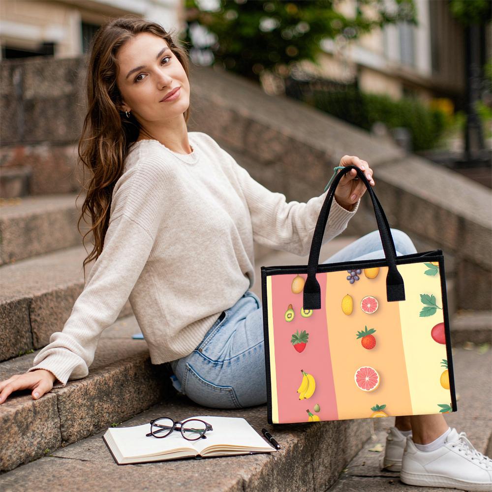 Cute Fruit Pattern Canvas Tote Bag Fashionable Portable Shopping Handbag for Daily Use