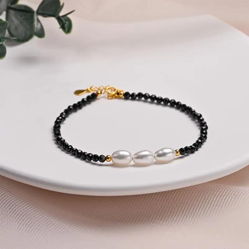 HENGSHENG White Freshwater Pearl Bracelet with Black Spinel Natural Crystal S925 Sterling Silver Bracelet for Women Jewelry Gift