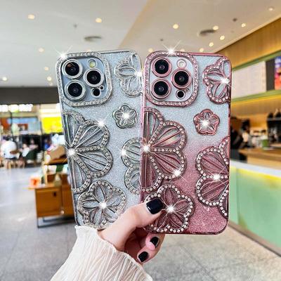 Clear Plating Gradient Glitter Diamond Rhinestone Flower Case for IPhone 16 15 Pro Max 14 13 12 11 X XS Soft Silicone Shockproof Cover