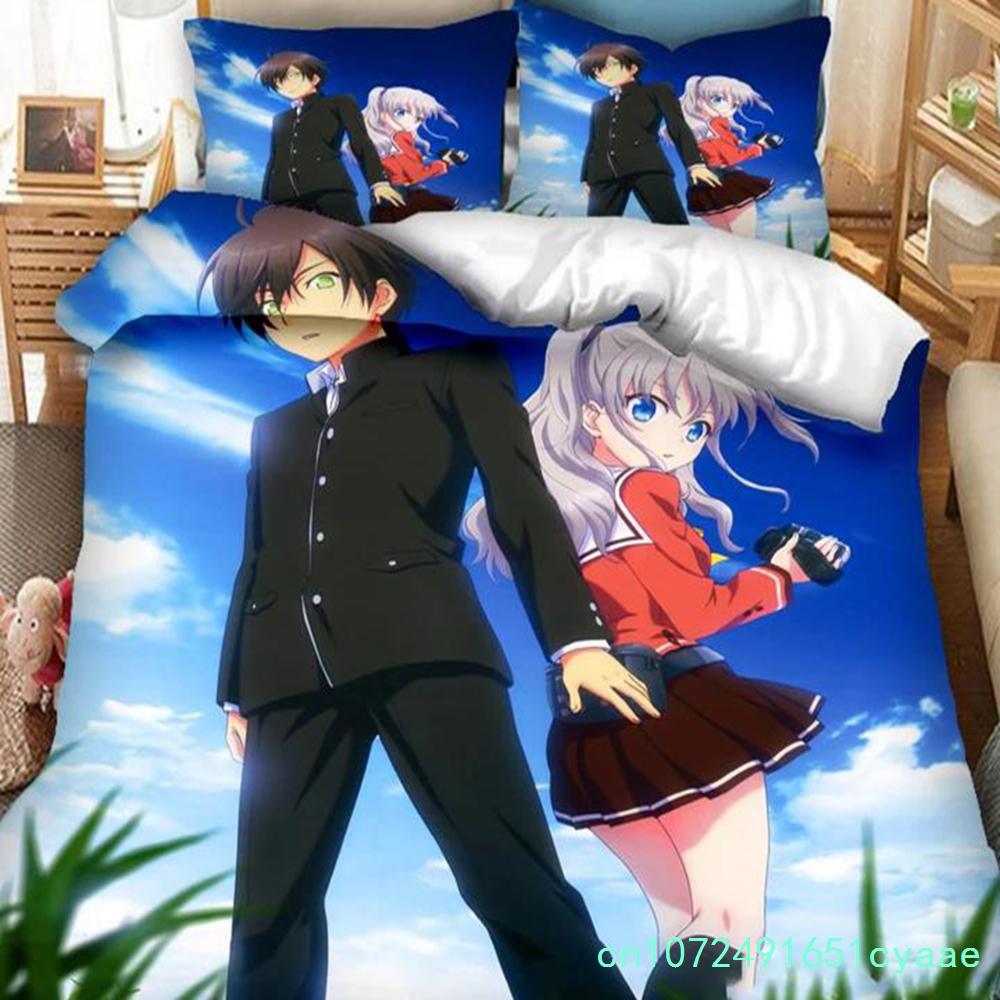 3 Stück einseitig bedruckte Bettbezüge Anime Charlotte bedruckte Bettwäsche-Sets Bequeme Tagesdecken Steppdecken Bettdecken Geburtstagsgeschenk