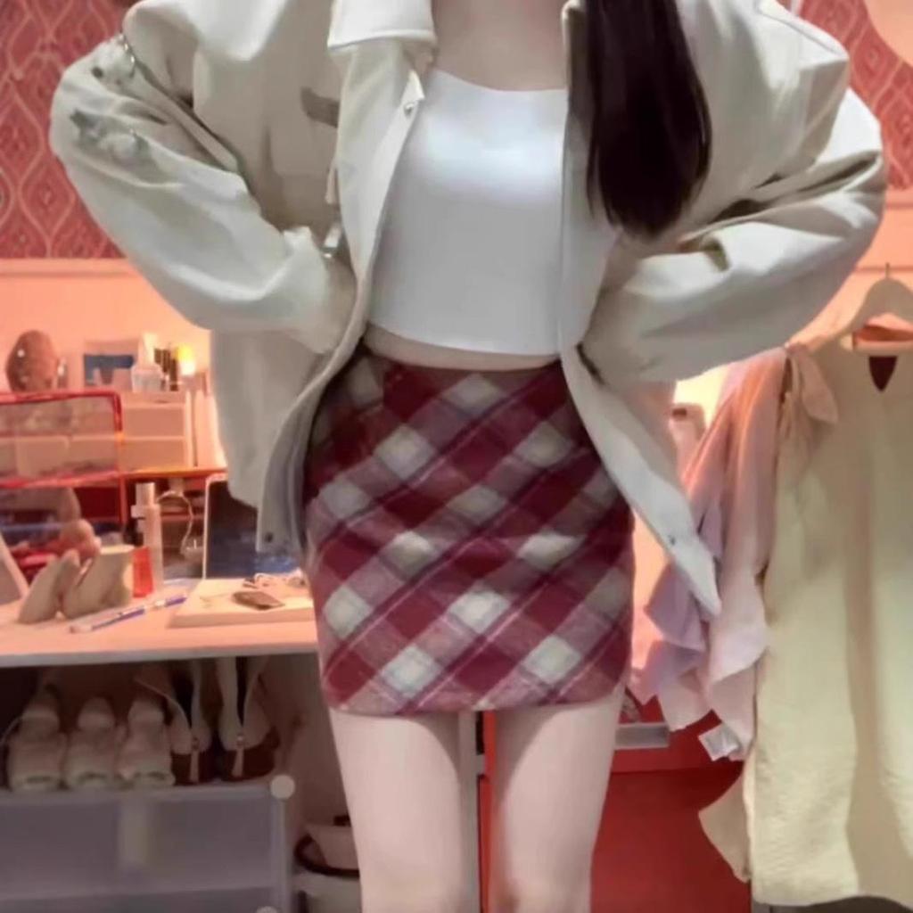 Plaid High-Waist A-Line Wool Skirt for Women – Winter Slimming Style