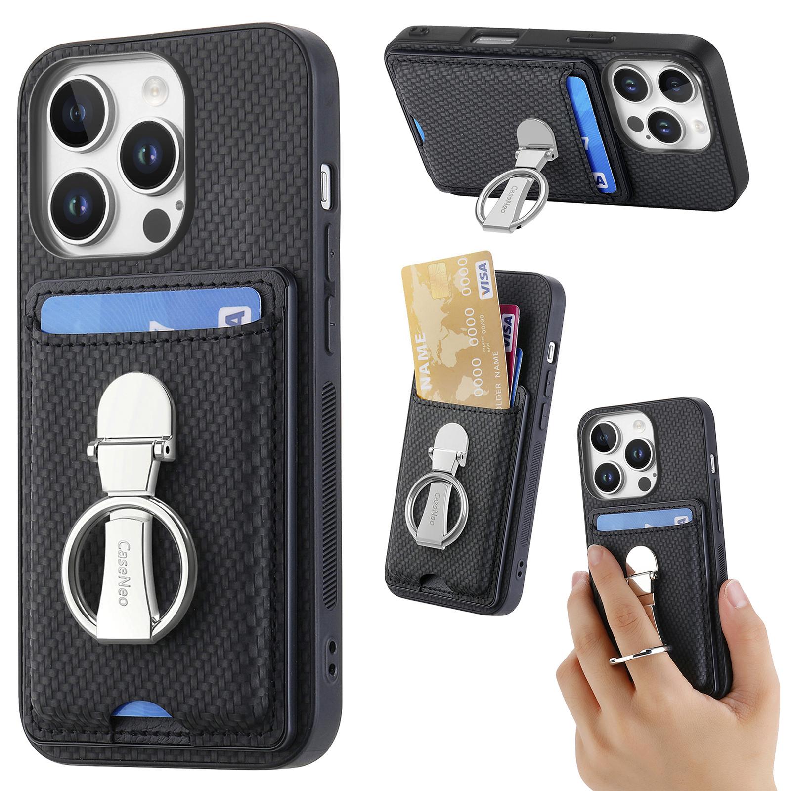 

C1-9 For iPhone 16 Pro Max Case Kickstand Leather Card Slots Back Cover Carbon Fiber Texture Black