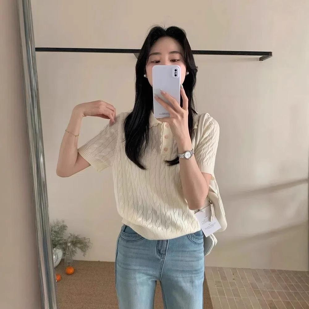 

Summer 2025 Korean Lace Peter Pan Collar Knit Short Sleeve Women s Top Extra Large