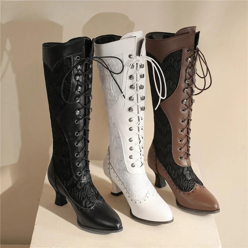 Women Victorian Pointed Toe Mid-Calf Boots Leather Lace Hollow Out Punk Lace Up Strange Steampunk High Heel Shoes Plus Size32-43