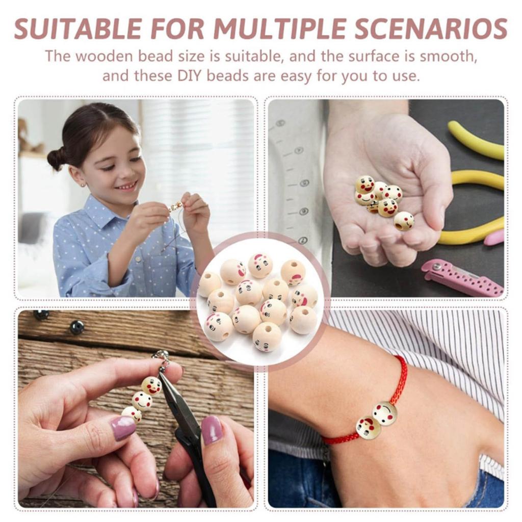 50Pcs Doll Head Wood Beads Face Jewelry DIY Children Beading Smile Beads Loose Round Wooden Craft Beads for Kindergarten