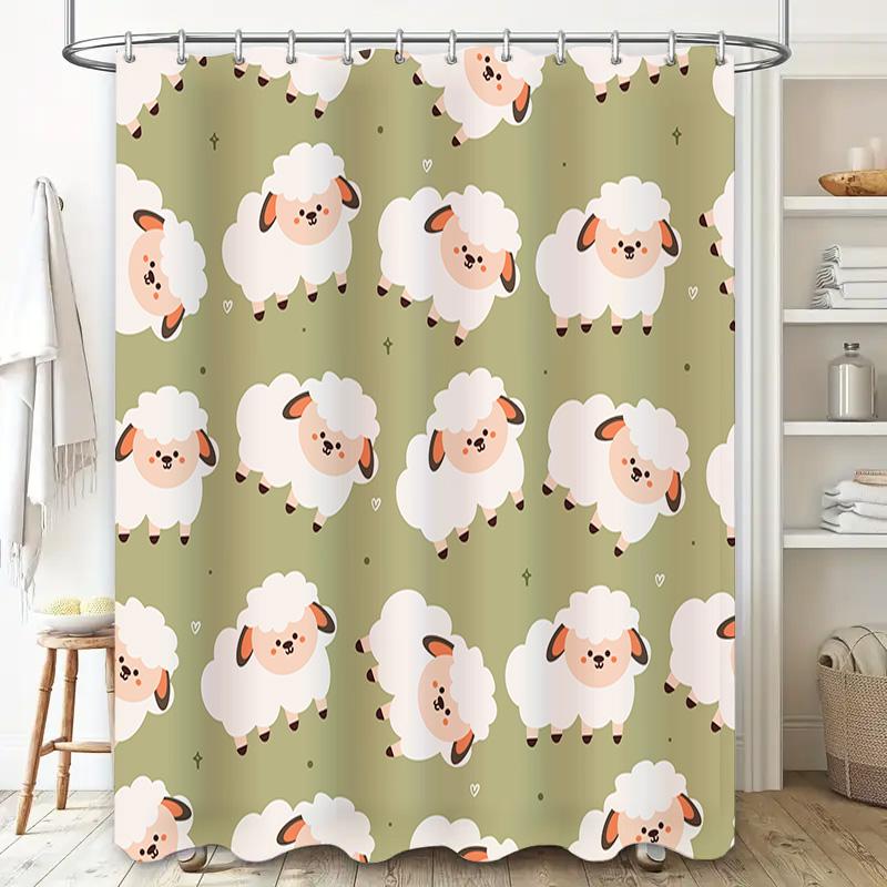 Farm Fresh Sheep Print Shower Curtain Cute Animal Decor For Bathroom Green Background With White Sheeps Waterproof Fabric Materi