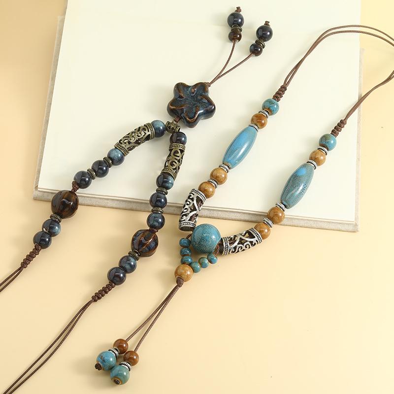 Retro-style National Tide Literary Ceramic Necklace Female Long Pendant Student Sweater Chain Simple Joker Clothing Accessories