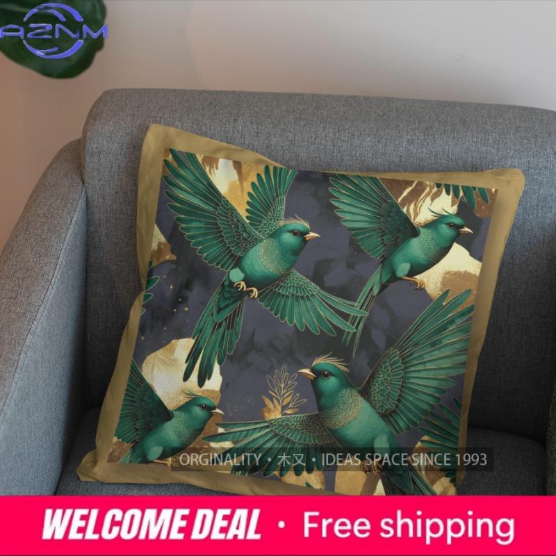 2D Flying Green Birds Floral Pattern Pillow Cover Pattern Cushion Cover Suitable For Sofa Bedroom Car Pillow Cover
