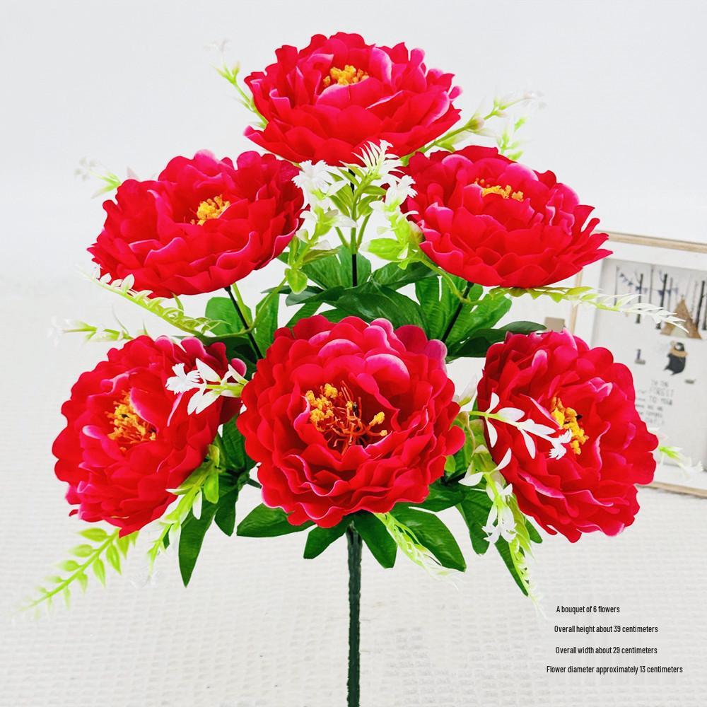 Curly Edge Red Rose Bouquet - 6 Head Artificial Silk Flowers for Living Room Decoration