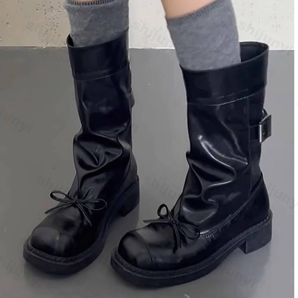 New 2024 Autumn Women Platform Boots Khaki Suede Pleated Mid-calf Boots Retro Fashion Bowknot Western Cowboy Boot Knight Booties