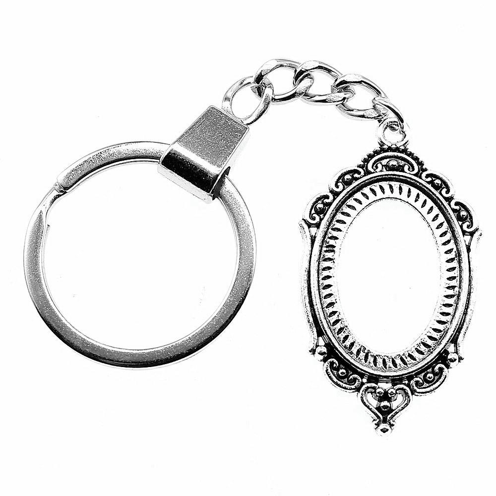 Heart Elliptical Glass Cabochon Base Setting Tray Blank Antique Bronze Metal Keychain for Family Gift