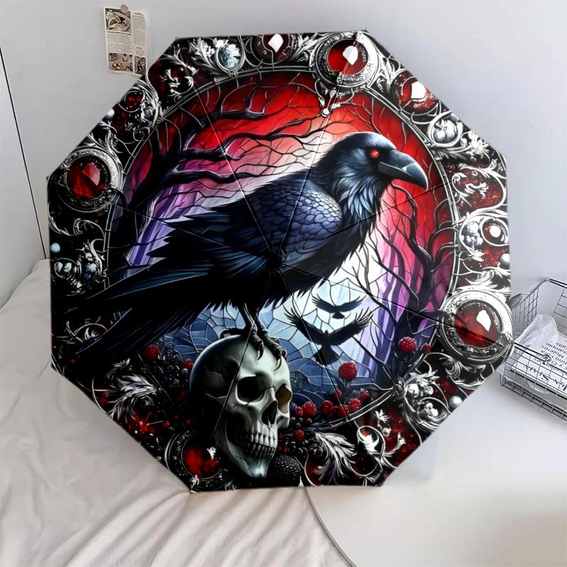 1PC Crow Raven Skull Umbrella Portable Folding Umbrella Iron Frame Hole Bone Structure Outdoor Home Umbrella