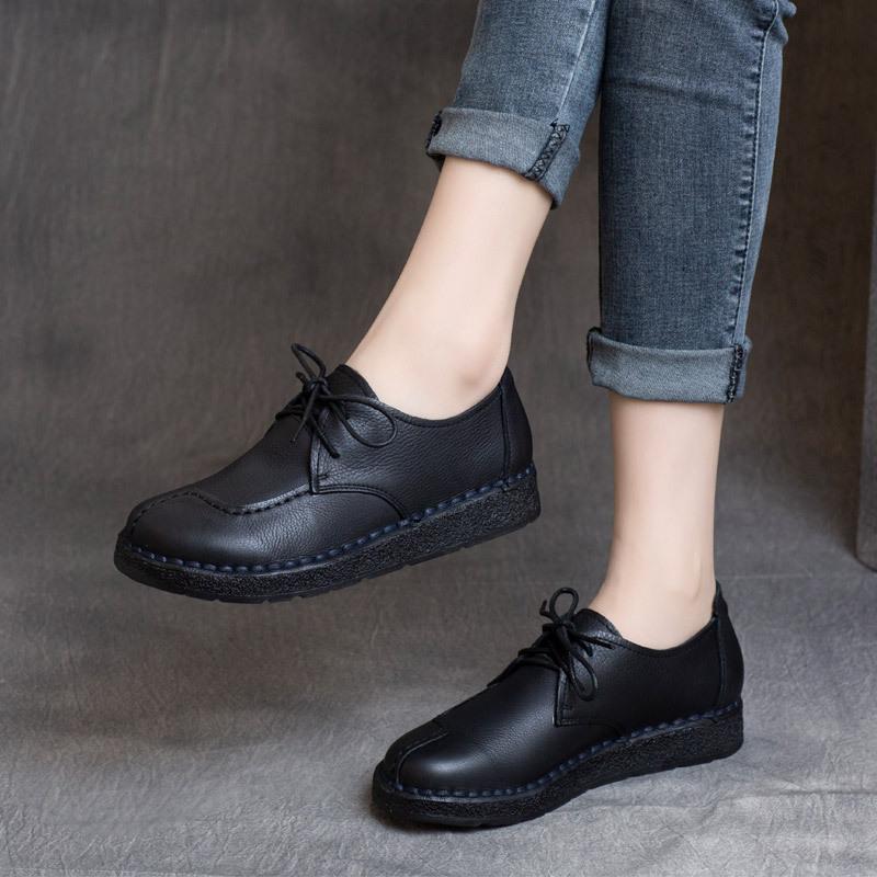 

Spring new style retro cowhide lace-up low-heeled soft-soled flat-soled single shoes 35 чёрный