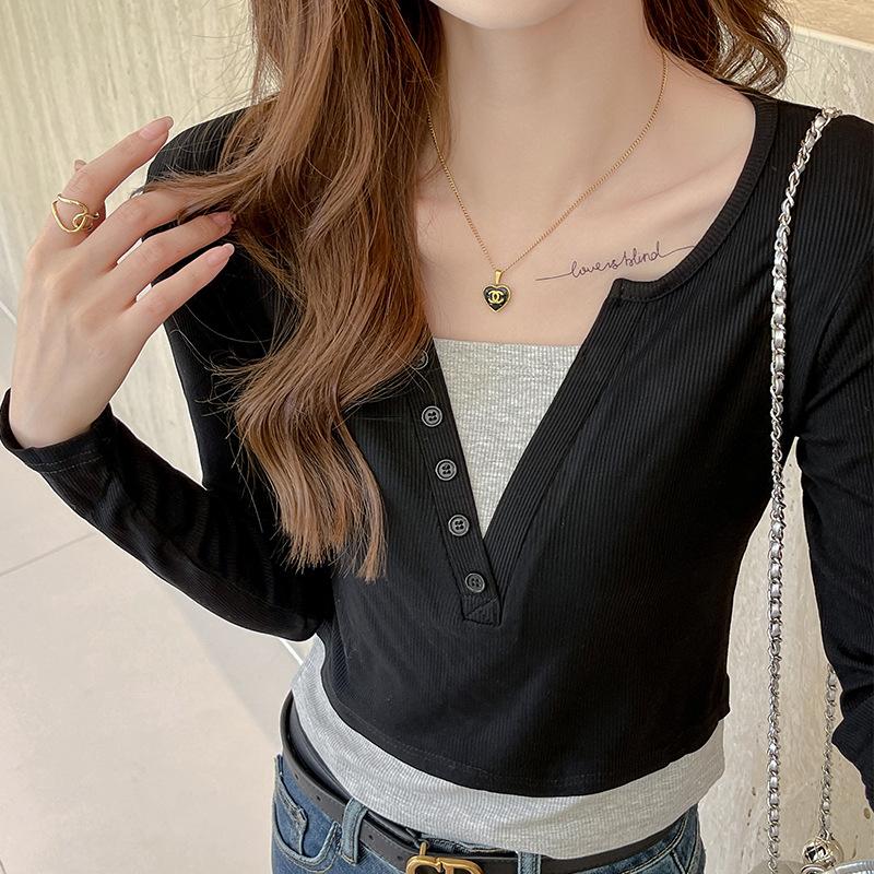 

Фабричная осенне-зимняя рубашка с V-образным вырезом спереди и двумя деталями для женщин, новая контрастная внутренняя часть, тонкий и высококачественный топ с длинными рукавами XL