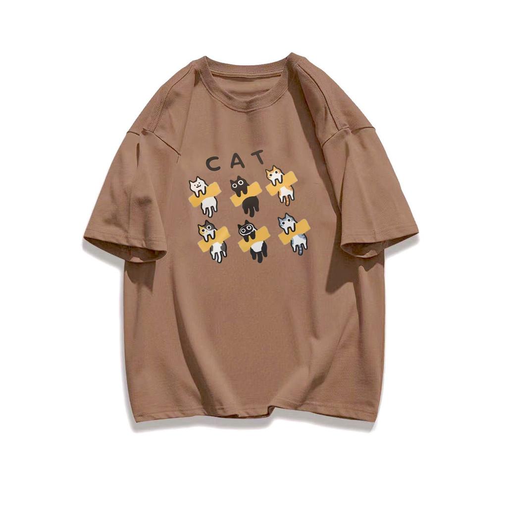 Summer Short Sleeved Tshirt New Korean Ins Retro Cartoon Cat Print Loose Pullover Top