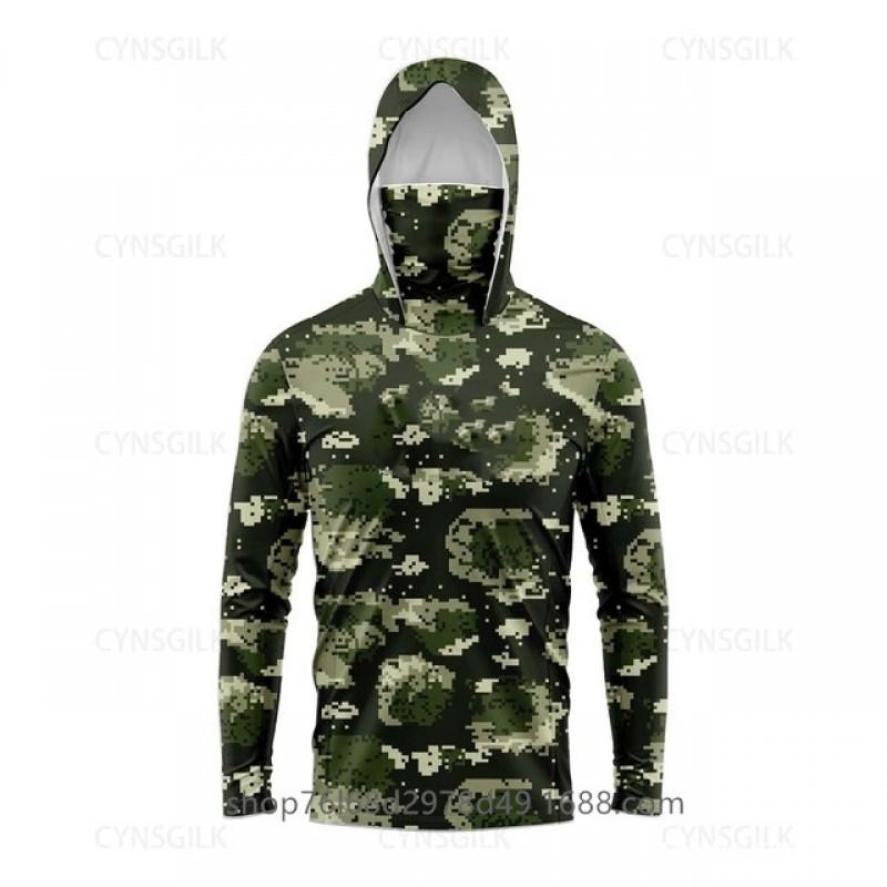 Mens Quick-Dry Ice Silk Long Sleeve UPF 50 Sun Protection Hooded Fishing Shirt With Integrated Face Cover