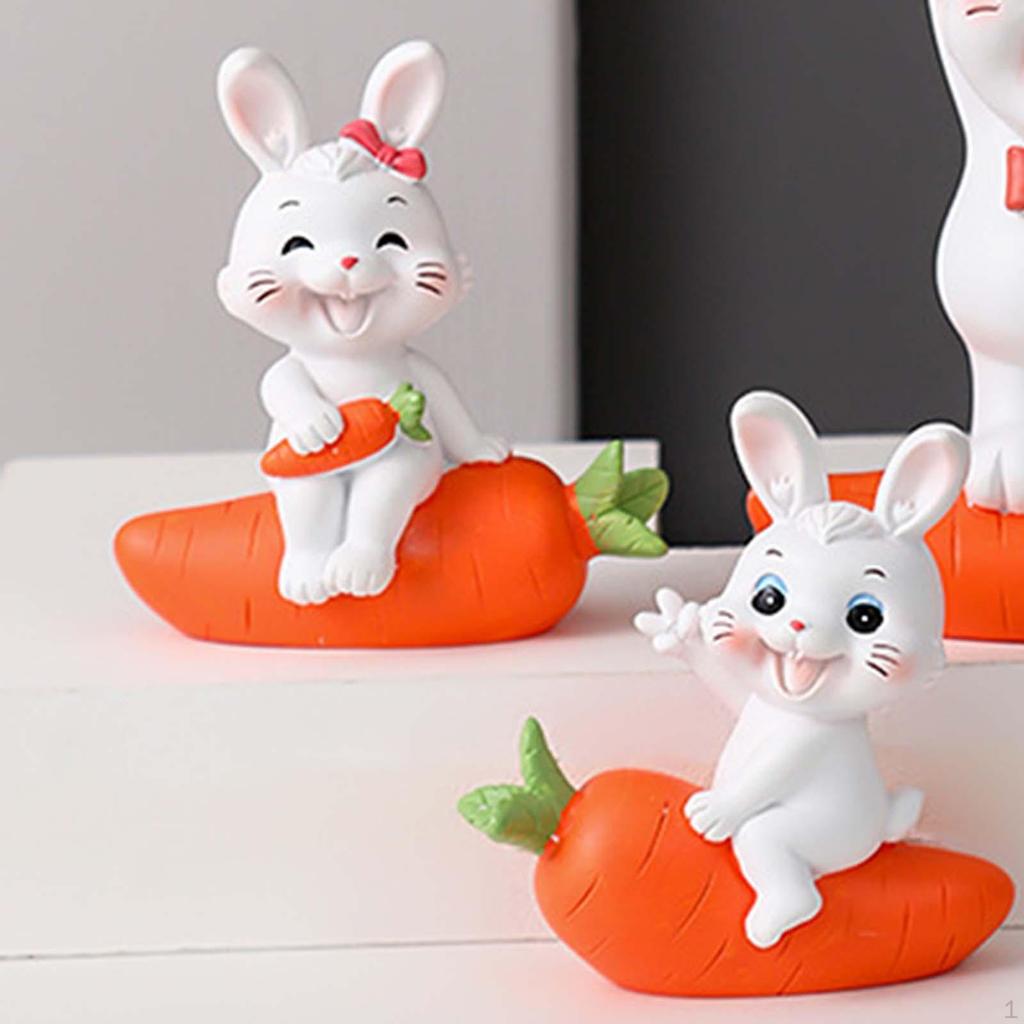 2 Painted Carrot Bunny Figurines Sculptures, Miniature Resin Rabbit Decoration, Statue for