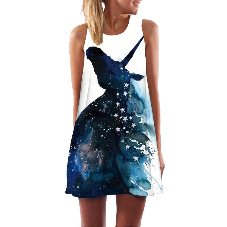 European Station European and American New Digital Printing Crew Neck Hot Sale Medium and Long Off-the-shoulder Dress