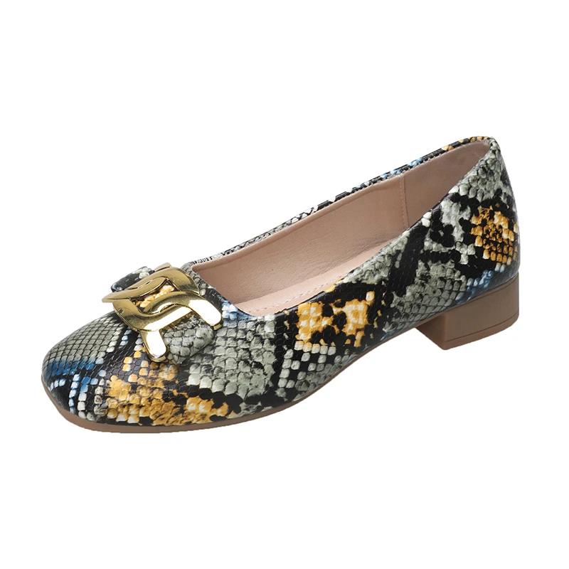 Fashion 2025 Summer Women's Snake Print Square Toe Slip-On Women's High Heels Metal Decoration Fashion Pumps for Office Plus Size Shoes