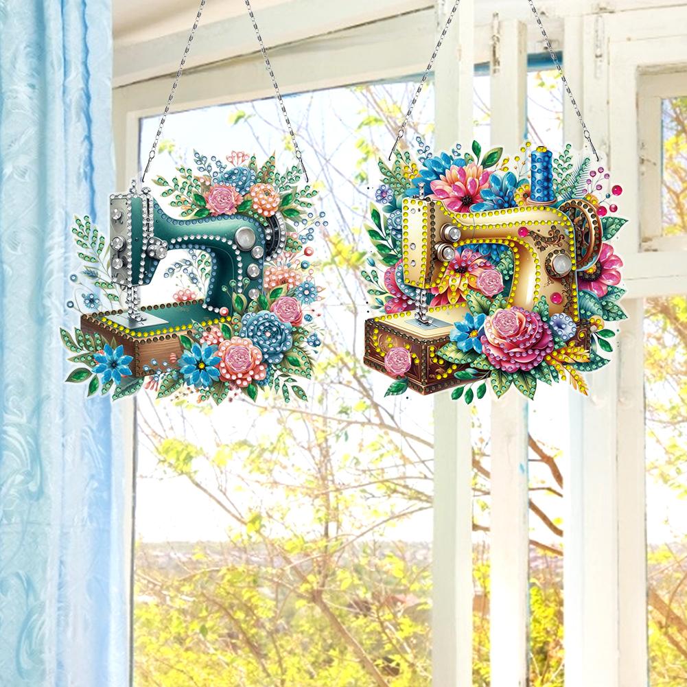 2pcs Sewing Machine Theme 2D Flat DIY Diamond Art Pendant Special Shape Diamond Painting Set Window Hanging Art for Home Decor