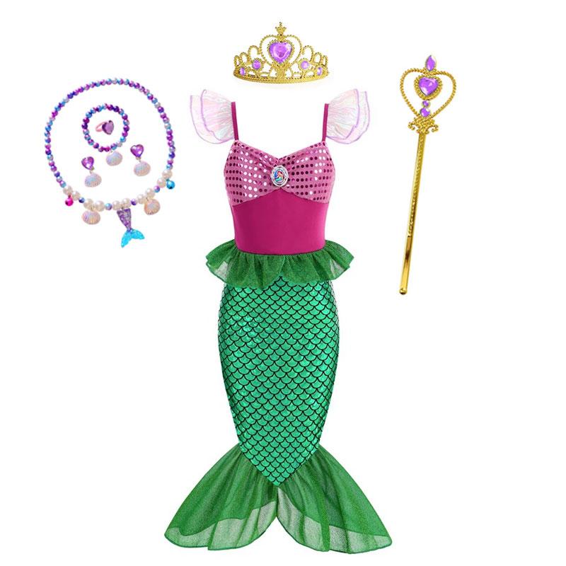 Mermaid Ariel Costume Girls Short Sleeve Fish Tail Shape Cosplay Princess Dress Halloween Carnival Birthday Party Dresses