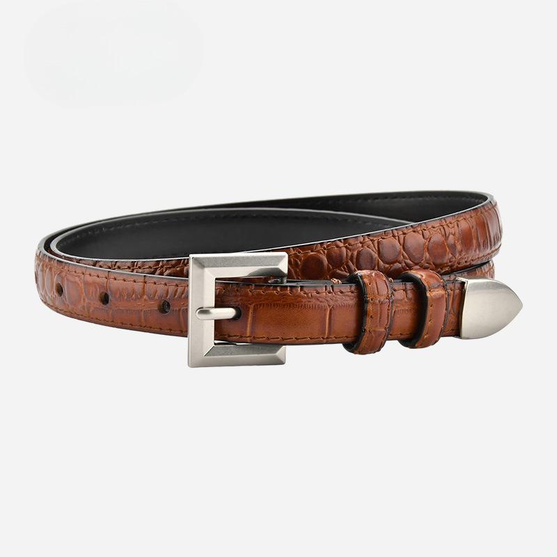 Retro Leather Small Belt Cowhide Female Student Simple and Versatile Decorative Crocodile Pattern Thin Belt Women with Suit Skirt
