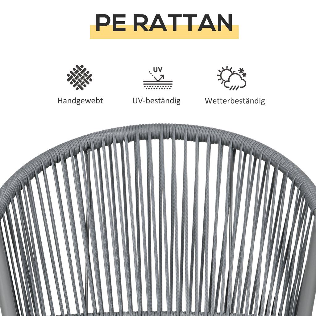 Garden Furniture Set, 2 Chairs & 1 Table with Glass Top, Rattan Look, Weatherproof, Metal Frame, Grey