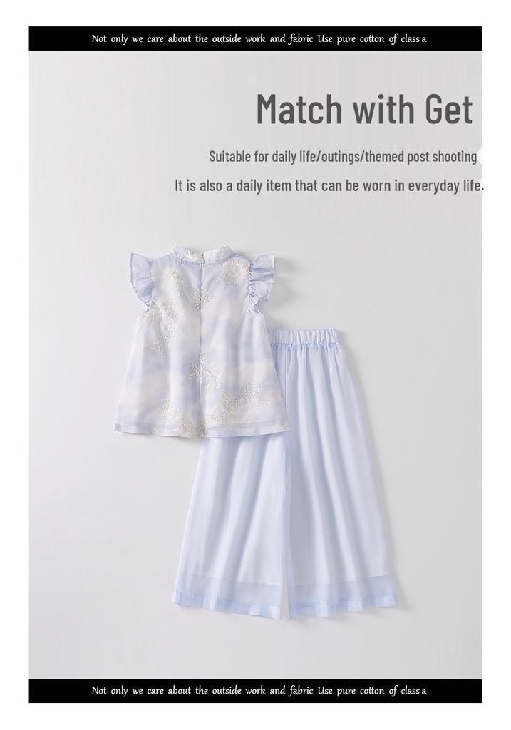 Girls' Summer Two-Piece Hanfu Qipao Set – New Chinese Style Chiffon Tang Suit Costume