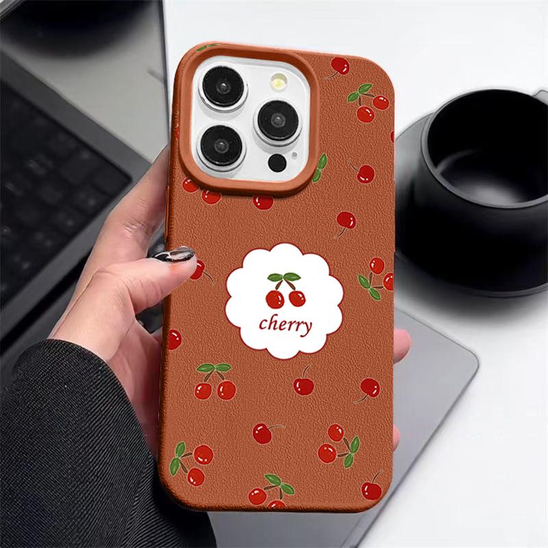 Cherry Pattern Leather Texture Plain Color Shell for iPhone 16 Pro 15 14 13 12 Pro Max 11 Soft Tpu Shockproof Matte Case Cover