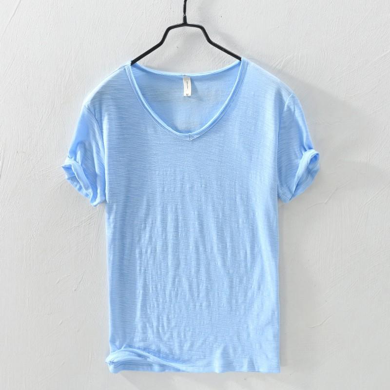 Men's Summer Solid Color Short Sleeved V-neck T-shirt Youth Casual Thin Pullover Top