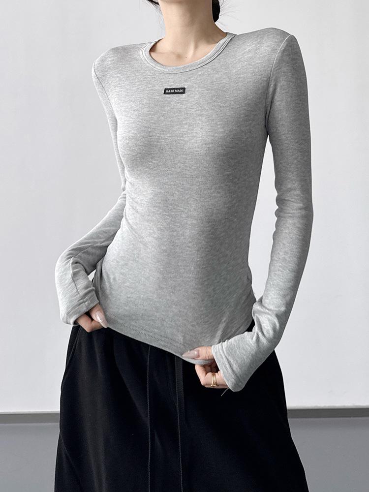 Women's Grey Round Neck Slim Fit Long T-Shirt - 2025 Autumn/Winter Collection