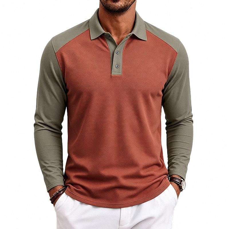 Herren American Style Lockerer Farbblock Casual Umlegekragen Langarm Golf Poloshirt