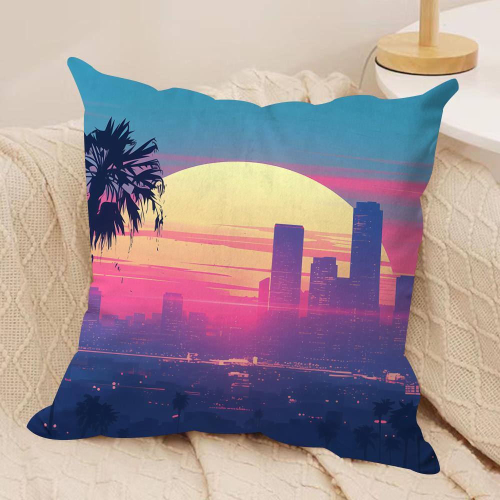 Sunset Palm Tree Fashion Cushion Cover Silky Short Plush Invisible Zipper Dustproof Sofa Pillow Case for Home Decor