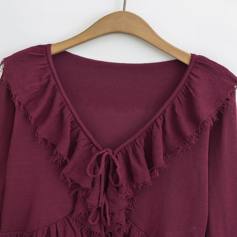 Fashion Style 2024 Autumn New Female Ruffled Tied Loose Knitted Long Sleeves Cardigan Top 2142122
