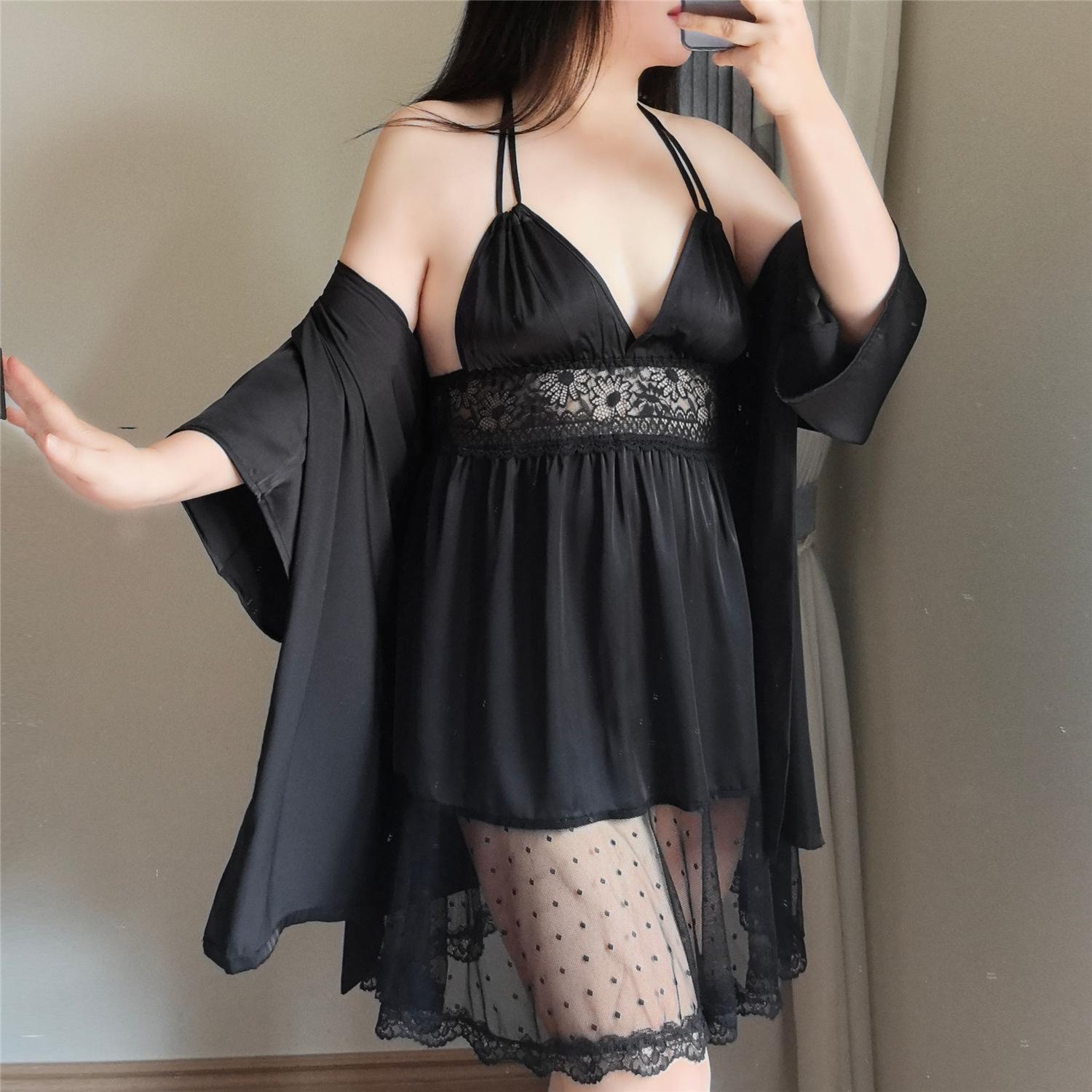 

Комплект пижамы из двух предметов больших размеров, кружево класса люкс, ледяной шелк, с нагрудными вкладышами 2XL