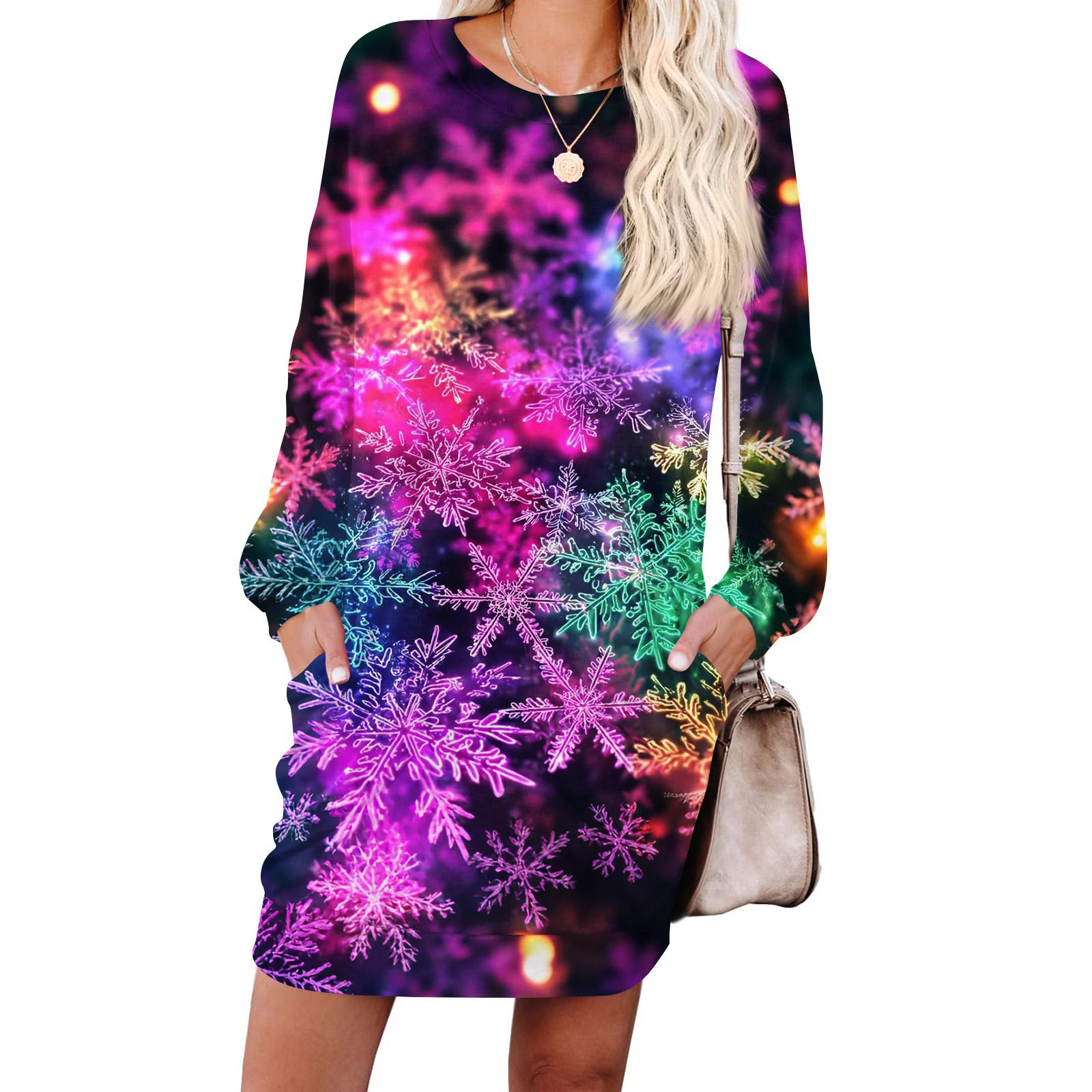 

Жіноча модна сукня з довгим рукавом, круглим вирізом та кишенею з принтом сніжинок L світло-фіолетового кольору