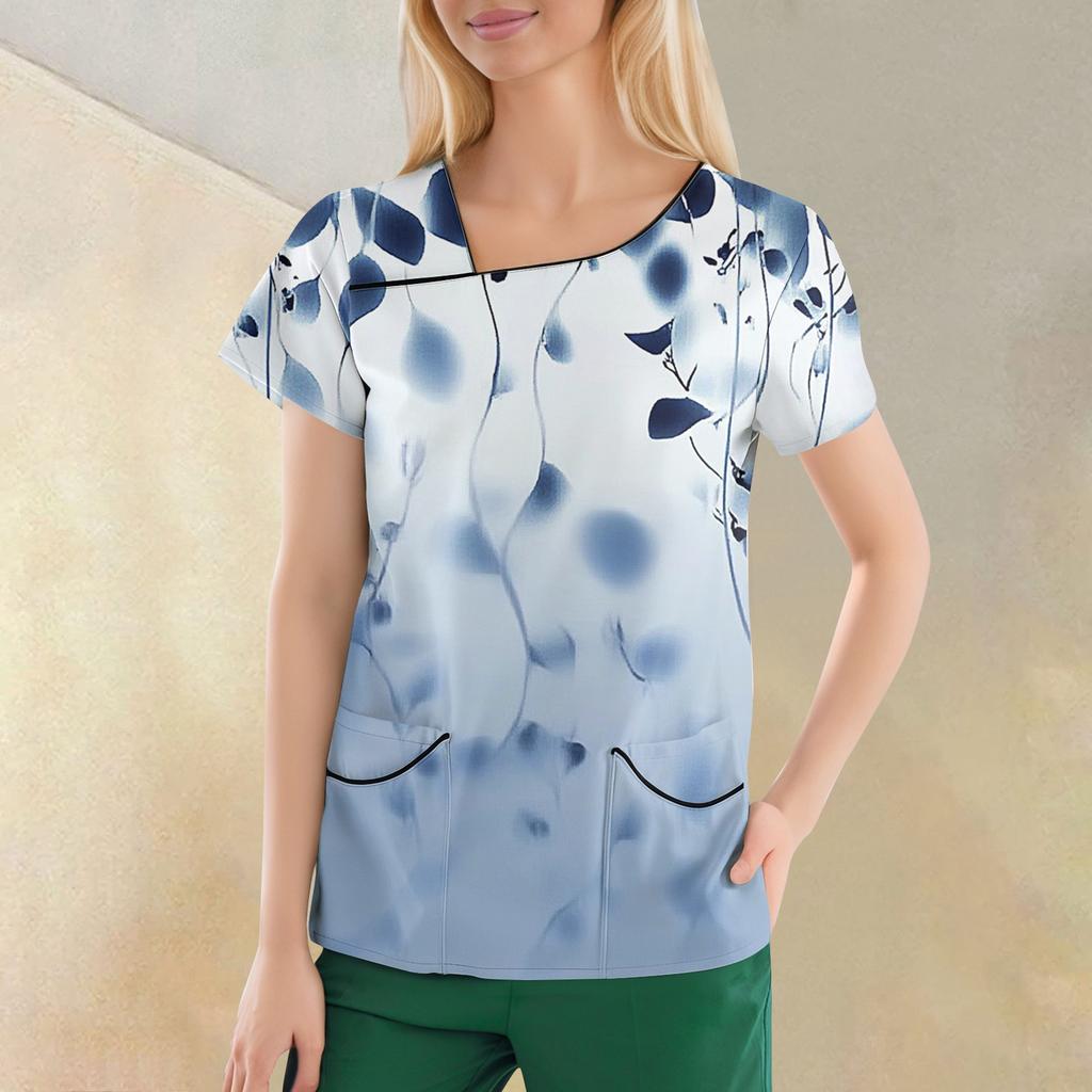Women's Casual  Print Short Sleeve Sloping Collar Workwear Top With Double Pockets