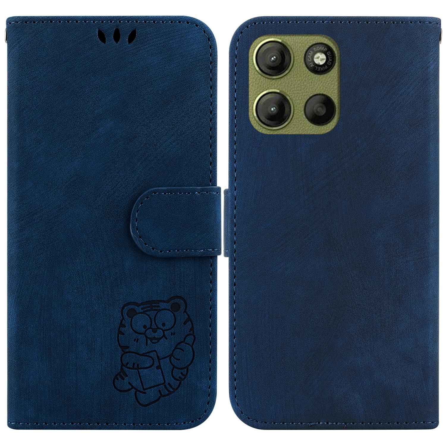 

For Motorola Moto G15 4G Wallet Case Tiger Imprint Leather Shockproof Phone Cover Dark Blue