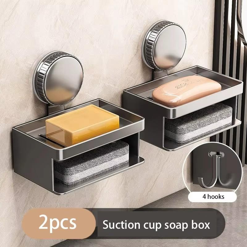 Wall-mounted Suction Cup Soap Box Space Aluminum Bathroom Shelf Washroom Soap Box Drain Rack Toilet Washing Table Storage