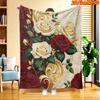 1pc 2D Flat Printing Spring And Summer New Arrival Red And White Rose Theme Digital Print Blanket, All-Season Use, Casual Throw, 100% Polyester Fiber 