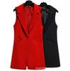 Women's Slim Fit Double-Breasted Vest with Shoulder Pads - Mid-Length, Sleeveless, Red or Black, Korean Style, for Spring and Autumn
