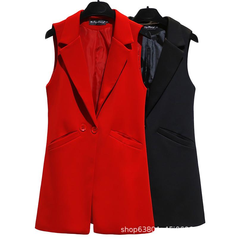 Women's Slim Fit Double-Breasted Vest with Shoulder Pads - Mid-Length, Sleeveless, Red or Black, Korean Style, for Spring and Autumn