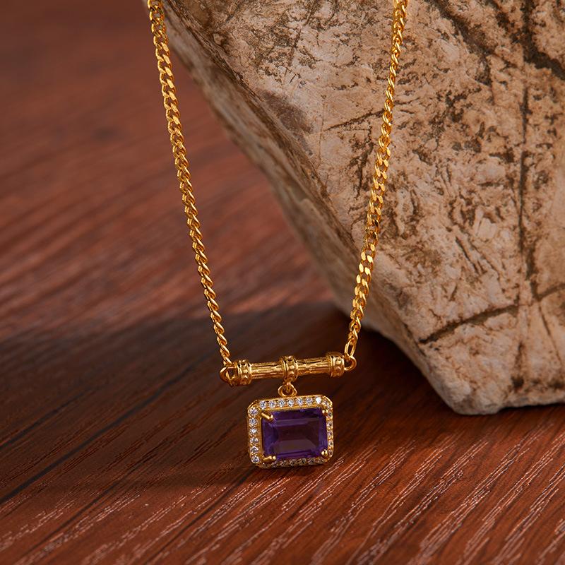 Vintage S925 Sterling Silber Eingelegt Natürlicher Amethyst Halskette Damenmode High-End Bunter Schmuck
