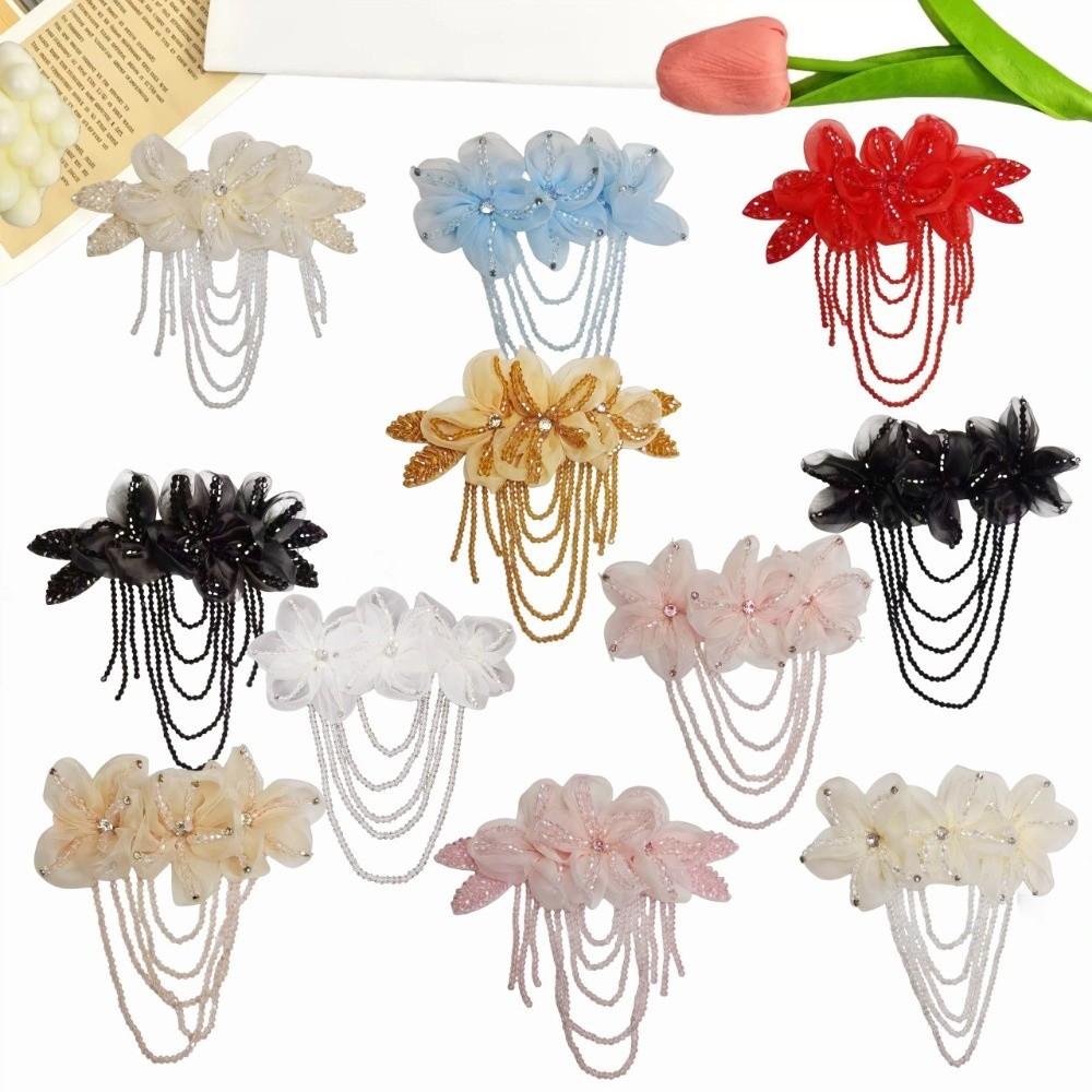 1Pc New Beaded Decoration Flower Patch Detachable Crystal Chiffon DIY Sewing Decals Tassel Shoulder Tassel Epaulet