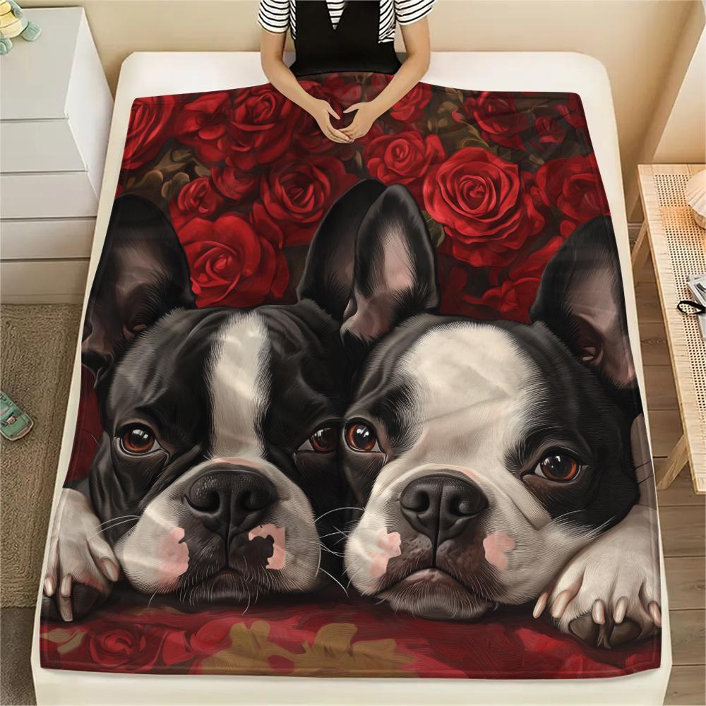 Boston Terrier and Roses Pattern Flannel Blanket, High Quality Comfortable for All Seasons, Home Decor, Warmth and Comfort, Perfect for Gifts.