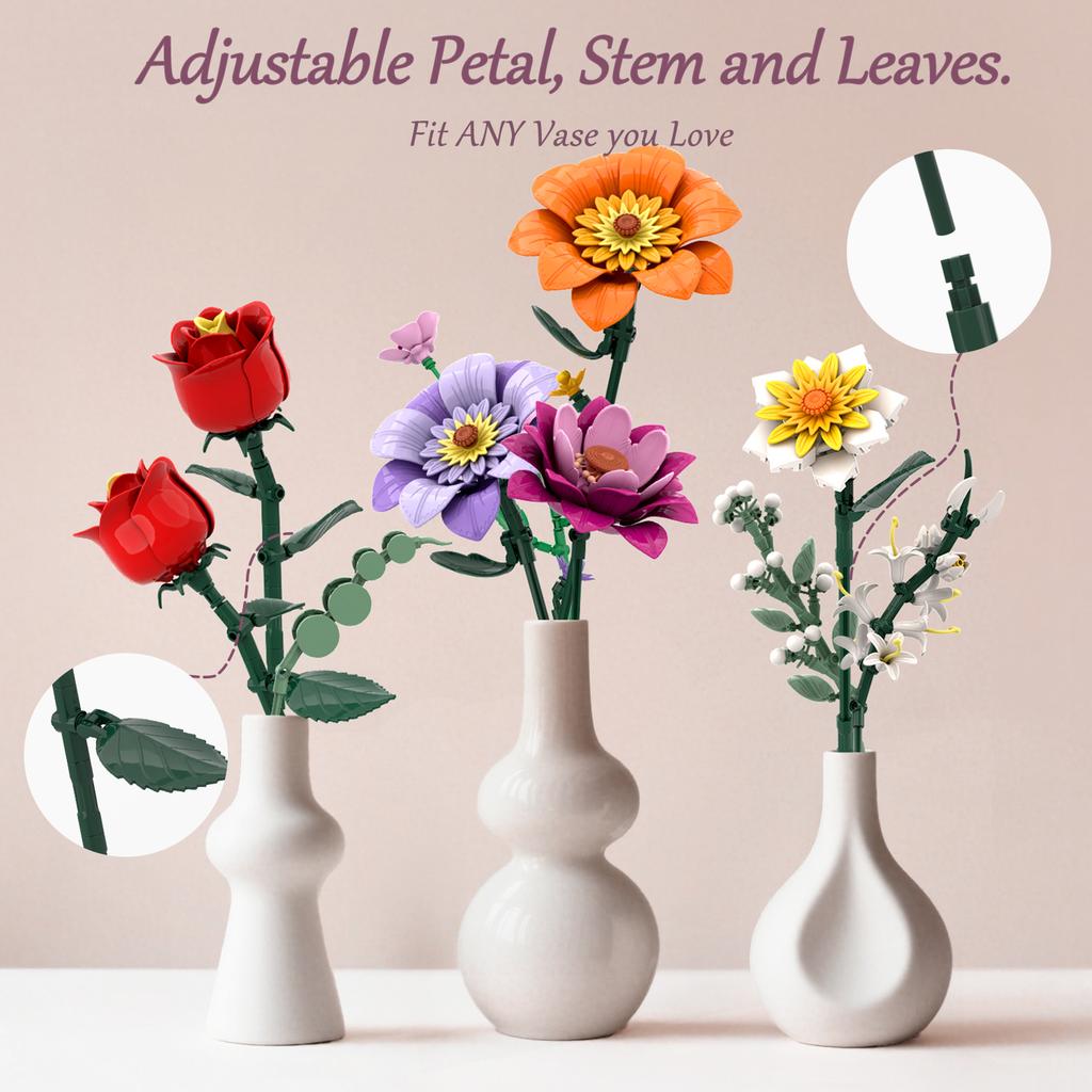 1278PCS Spring Bouquet Building Blocks Flower With Vase Model Bricks Desktop Decoration DIY Toys For Children Holiday Gifts