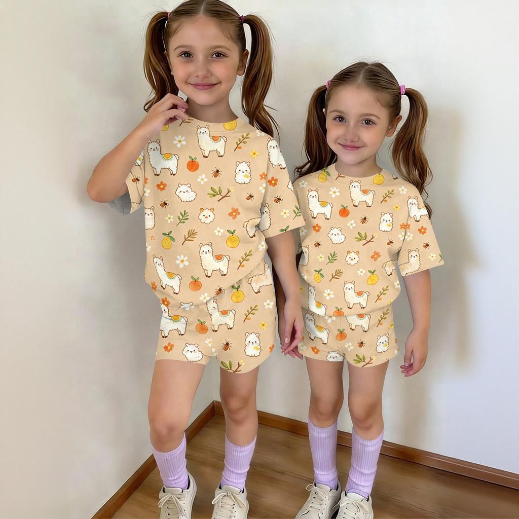 Kids Casual Short Sleeve Top and Shorts Set Lightweight Soft Fabric Animal Print Summer Outfit for Toddlers and Children