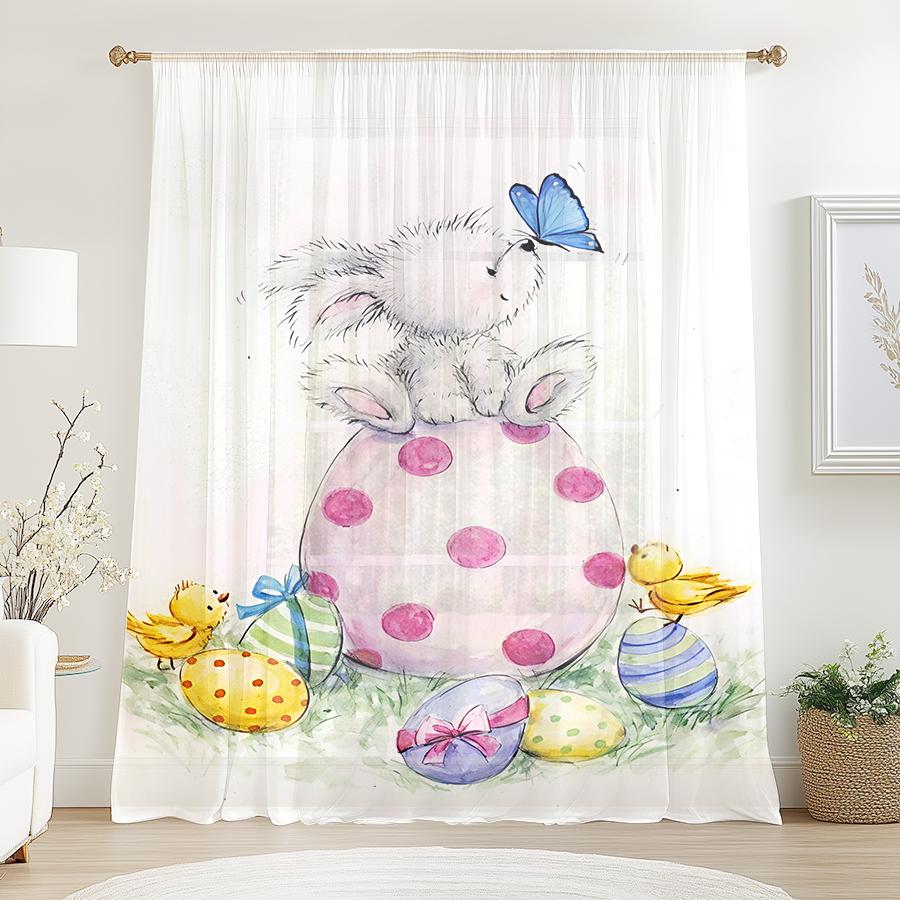 1PC Watercolor Rabbit and Easter Egg, Chick and Butterfly Patterned Gauze Curtain, Suitable for Bedrooms and Living Rooms